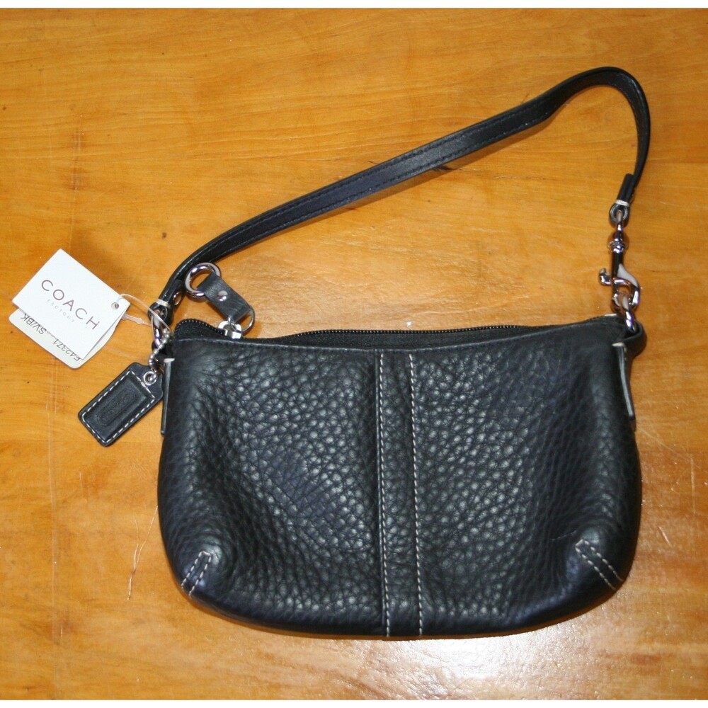 Coach F42371 Black Silver Leather Zip Top Wristlet Clutch Small Bag Purse NWT